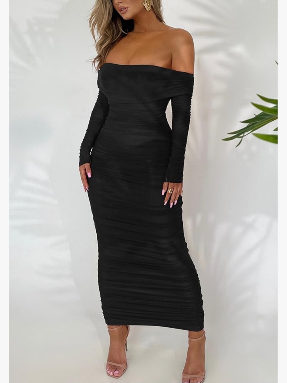 PRETTYGARDEN Off Shoulder Maxi Dress Long Sleeve Ruched Fitted Bodycon Dress M